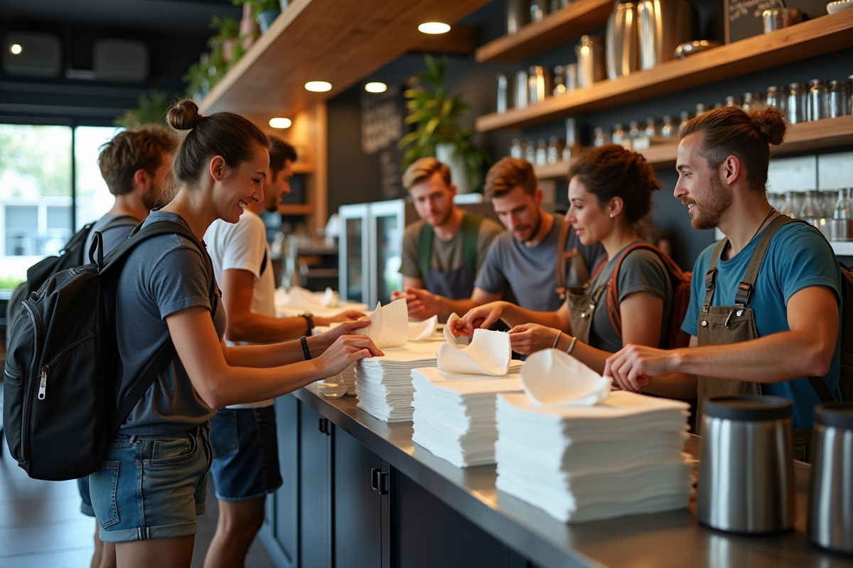 Groupe de routards récupérant des serviettes dans la cuisine