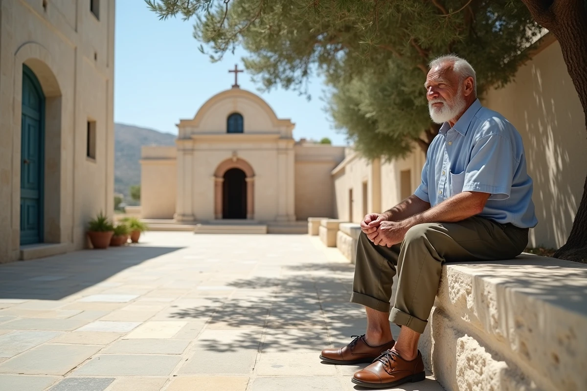 Homme âgé assis près d une église à Tinos
