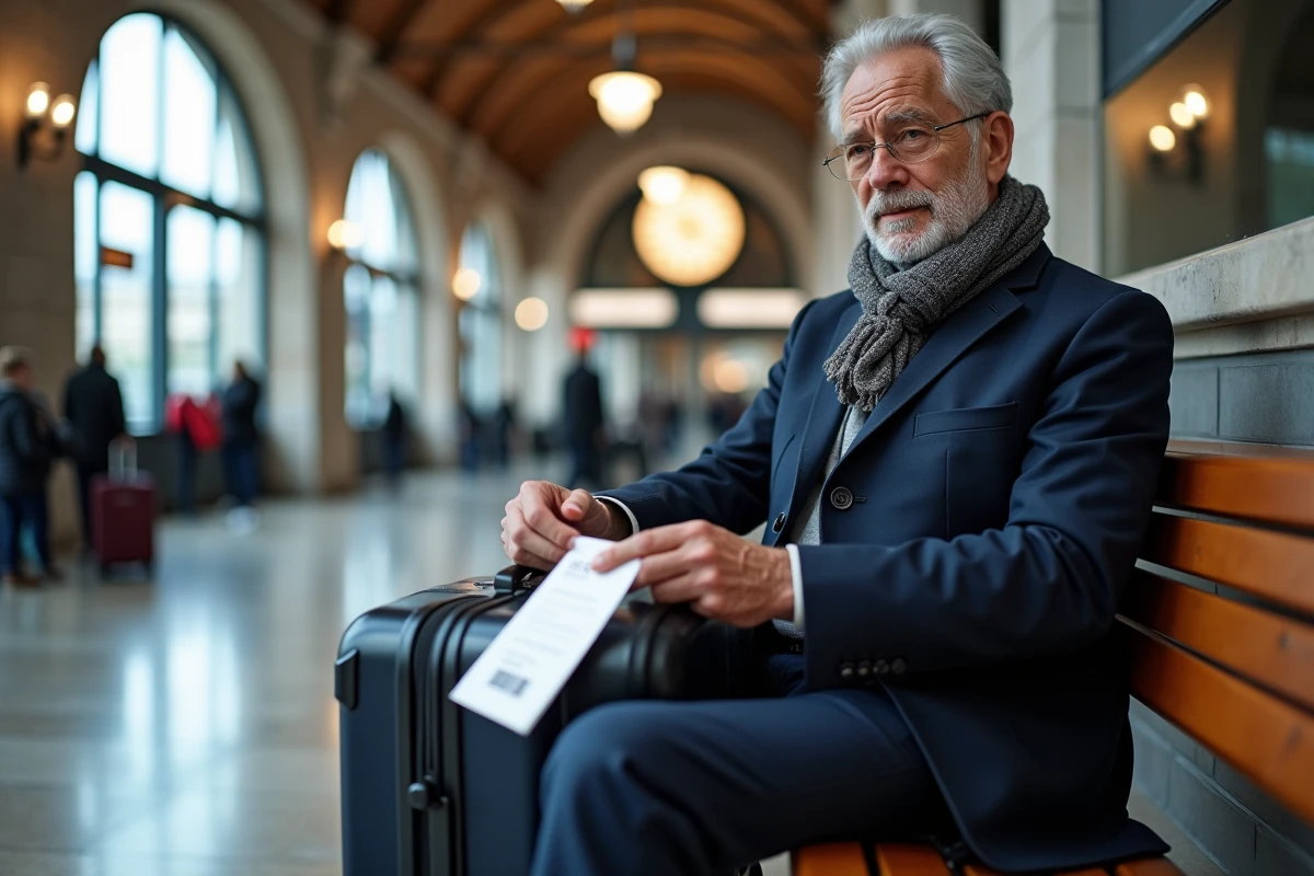 Homme attachant une &eacute;tiquette bagage dans une gare