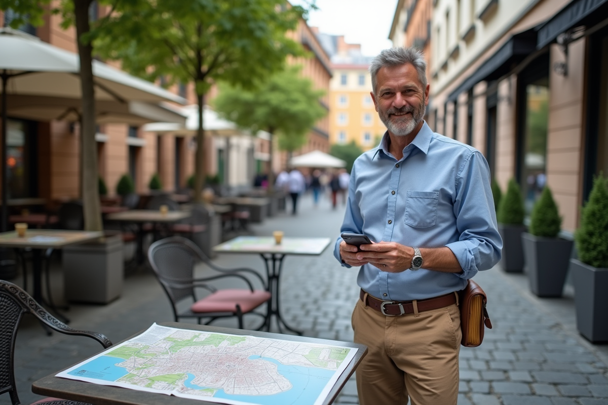 Homme avec guide et smartphone en terrasse urbaine
