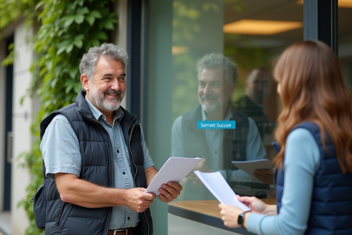 Homme remettant ses documents à un agent dans un bâtiment officiel