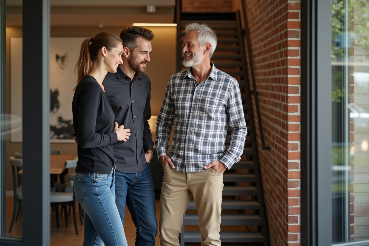 Homme et couple discutant dans un loft moderne