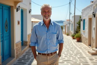 Homme grec souriant devant une taverna à Akrotiri