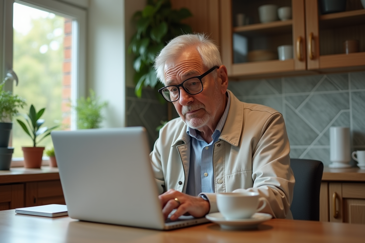 Homme âgé vérifiant son itinéraire de vol à la maison