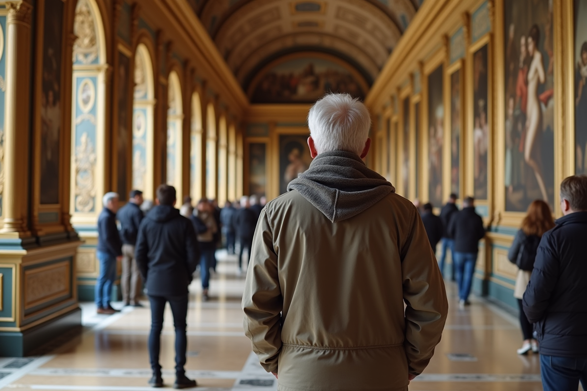 Homme mature admirant des peintures au musée du Louvre