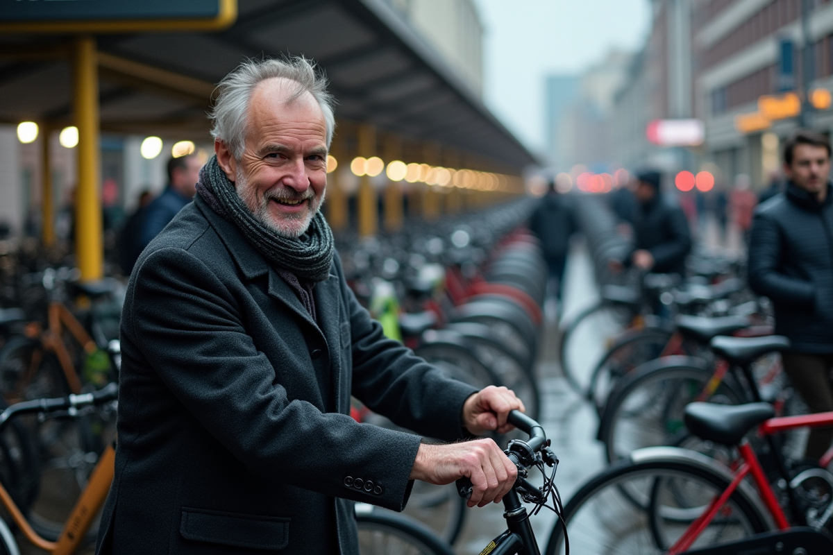 Homme à vélo dans un parking à vélos à Amsterdam