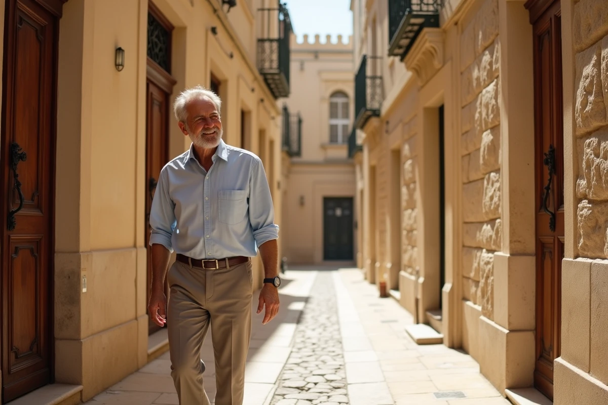 Homme dans les ruelles de Mdina avec portes anciennes