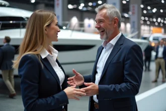 Homme en costume marine discutant avec une conseillère yacht