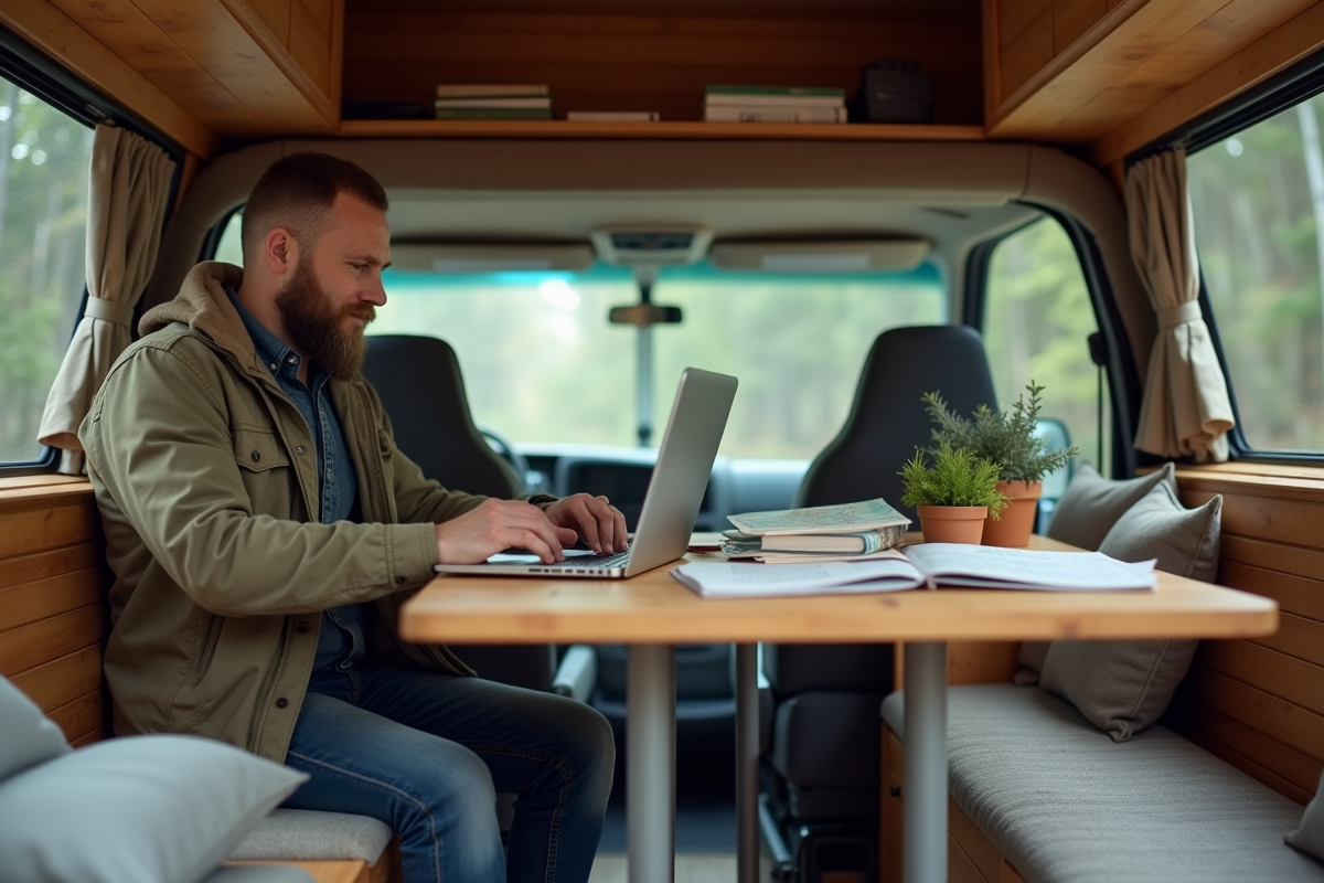 Homme travaillant sur son ordinateur dans un van cosy