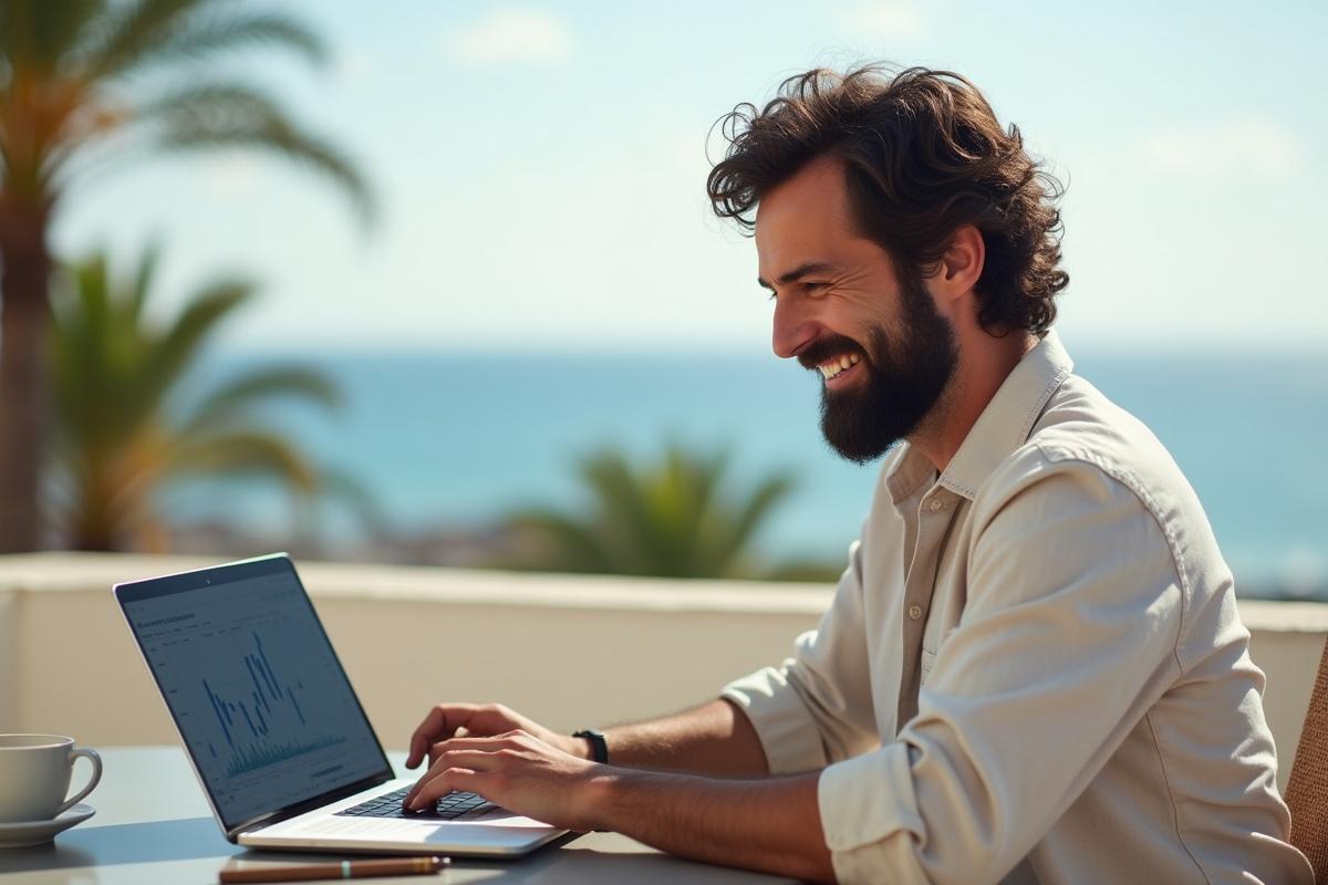 Homme souriant travaillant en extérieur avec vue sur la mer