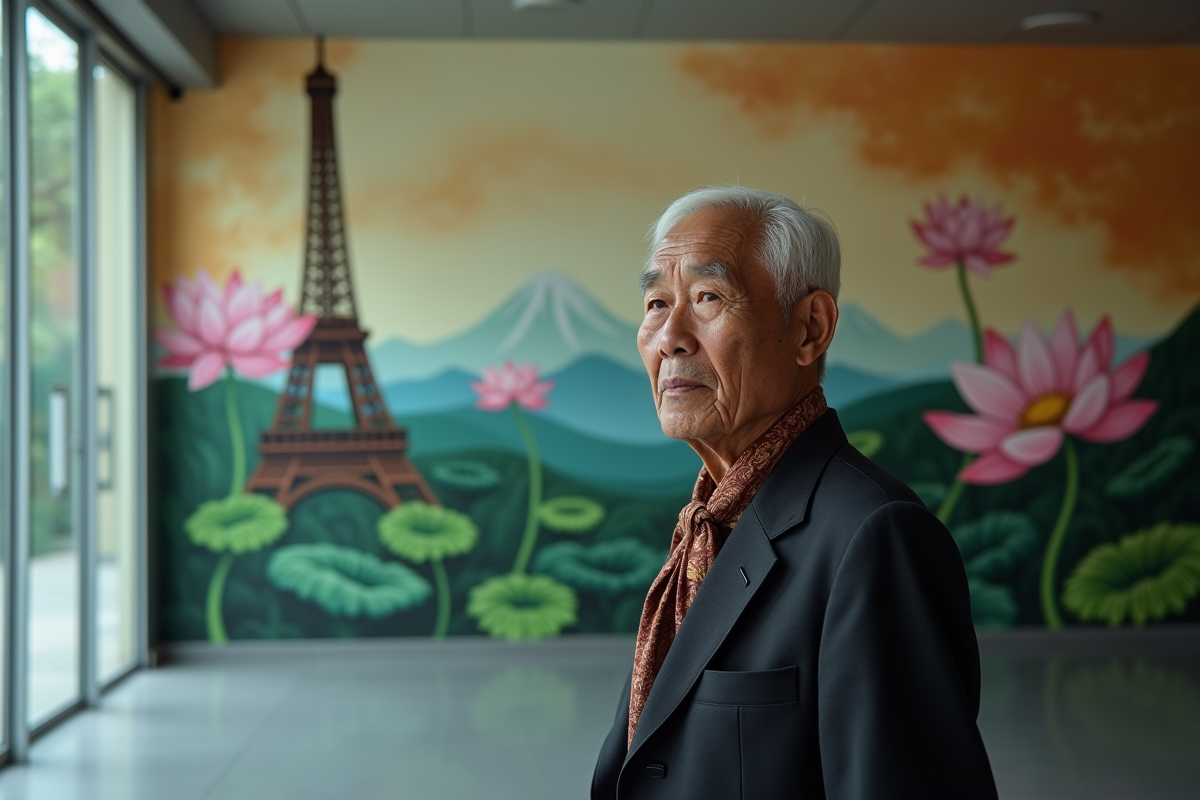 Homme vietnamien devant un mural à Hanoi