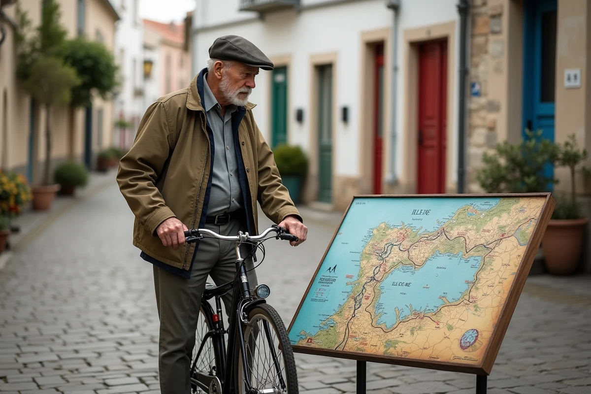 Homme &acirc;g&eacute; examinant une carte dans un village de l