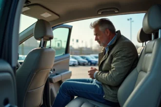 Homme examine intérieur d'un SUV d'occasion en concession