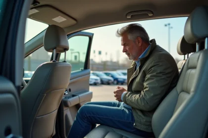 Homme examine int&eacute;rieur d'un SUV d'occasion en concession