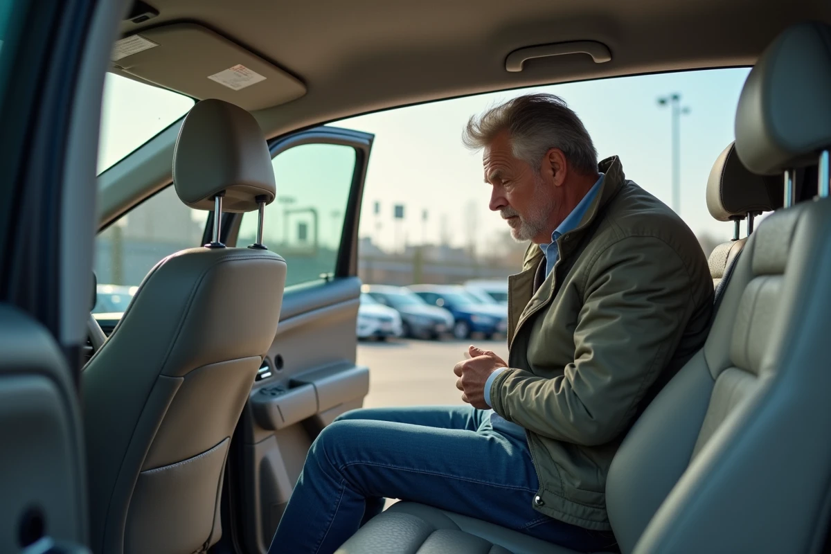 Homme examine int&eacute;rieur d'un SUV d'occasion en concession