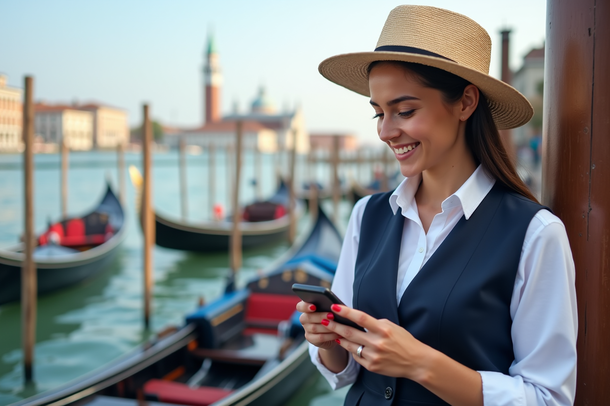 Jeune gondoliere souriante vérifiant son smartphone au quai