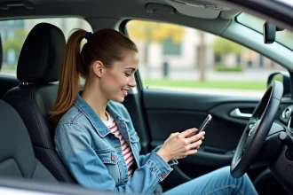 Jeune femme dans une voiture regardant son smartphone