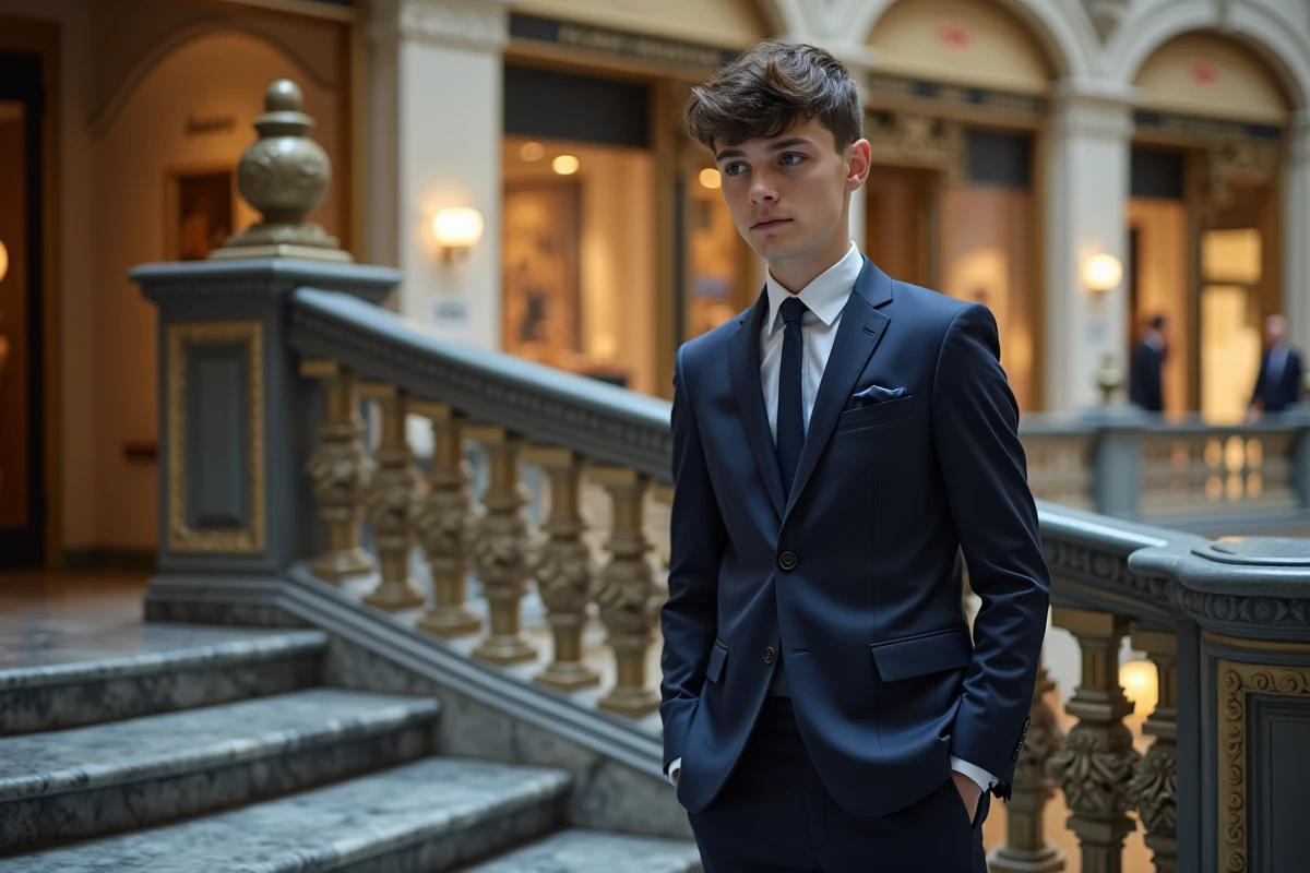 Jeune homme en costume examine la balustrade en fer forgé Passage Vivienne