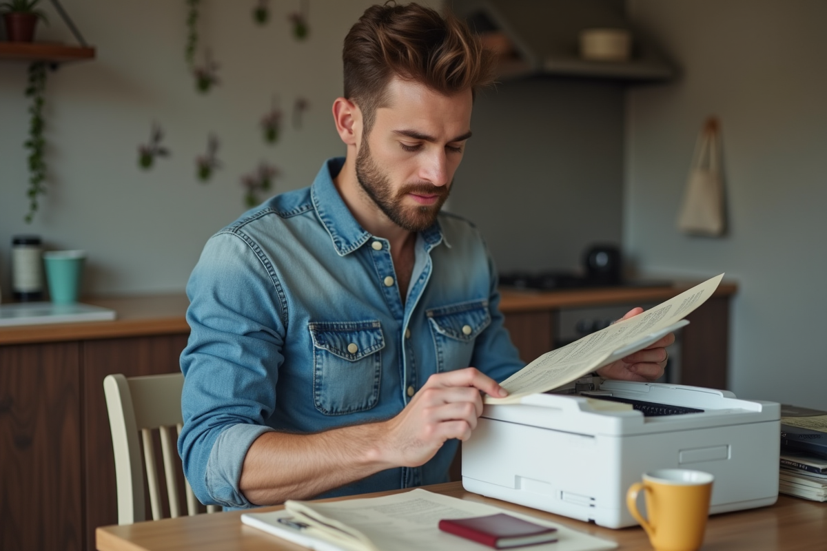 Jeune homme photocopie des pages de son passeport à la maison