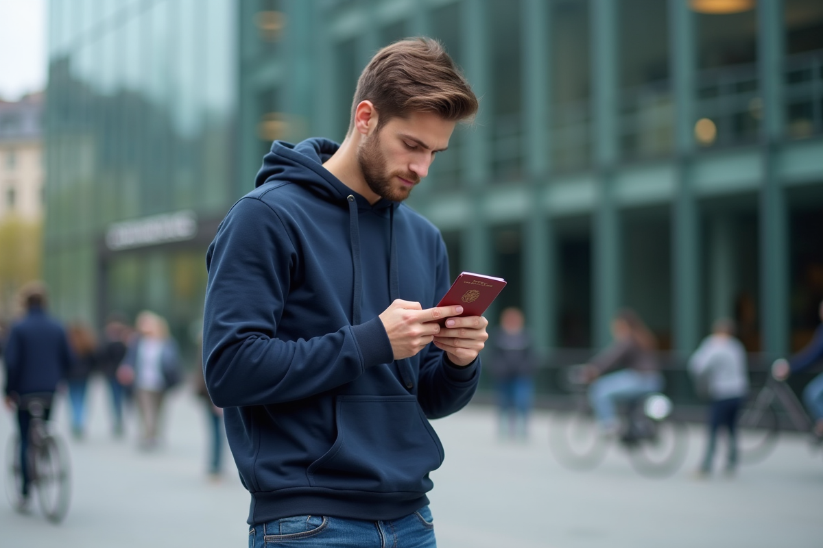 Jeune homme avec passeport et smartphone en ville