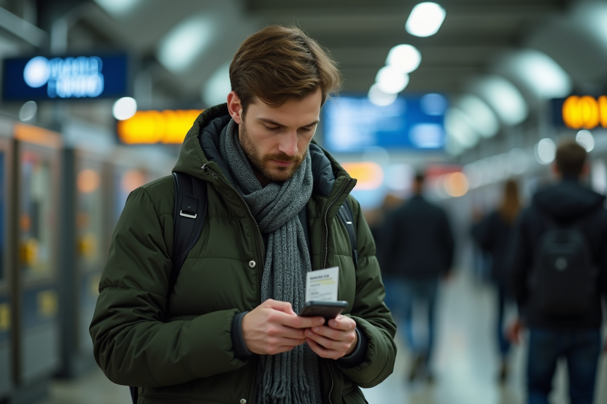 Jeune homme dans une gare utilisant son smartphone