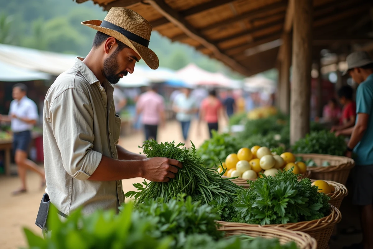 Jeune voyageur examine des herbes dans un march&eacute; local