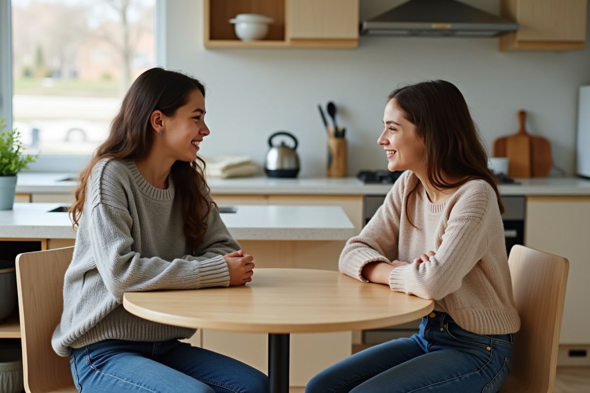 Deux adolescentes discutant à la table dans une cuisine moderne