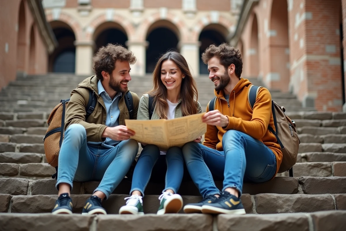 Groupe de jeunes voyageurs près du Colisée à Rome
