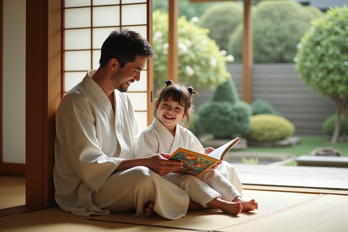 Père et fille dans une chambre de ryokan au Japon