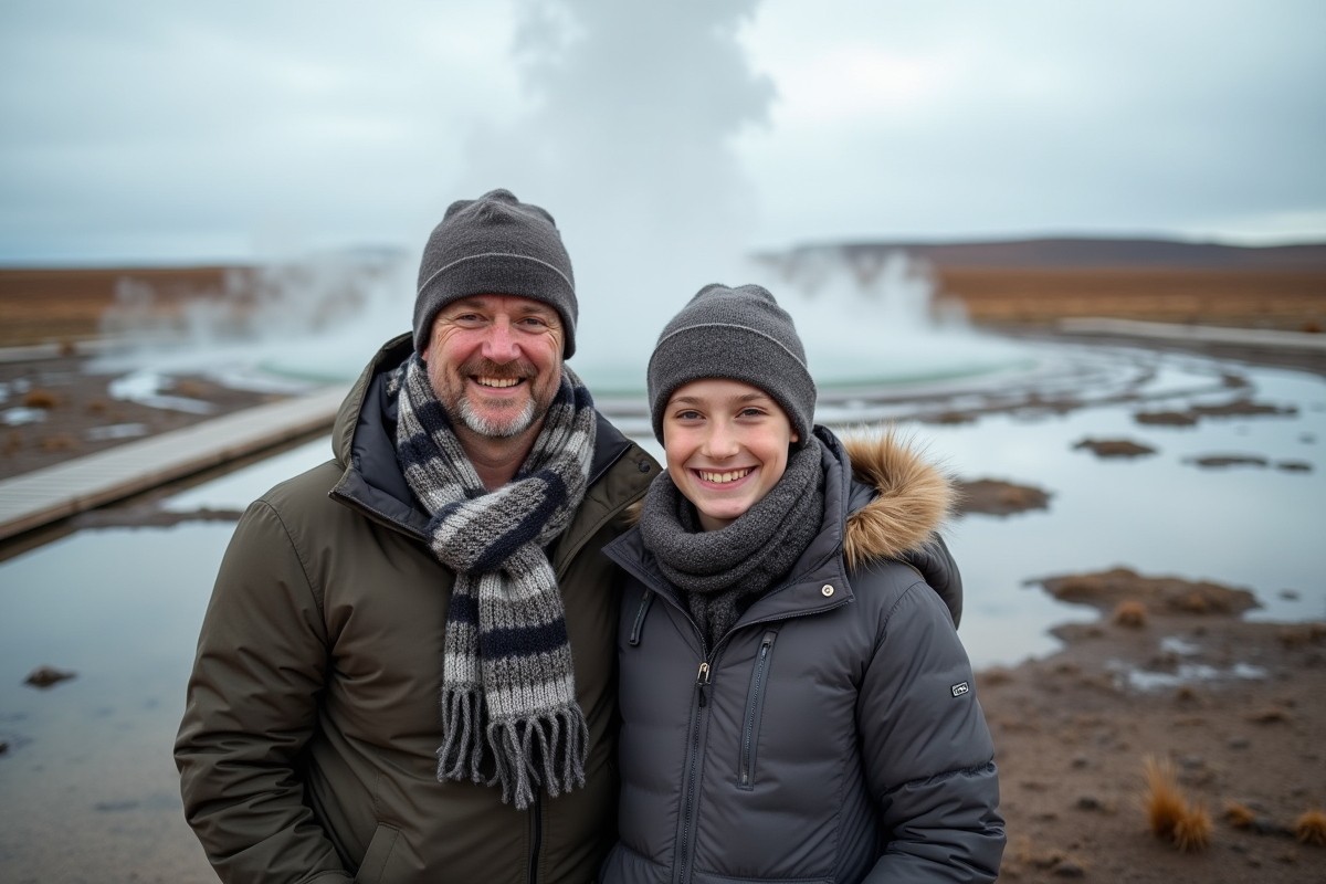 Père et fils près des geysers en Islande