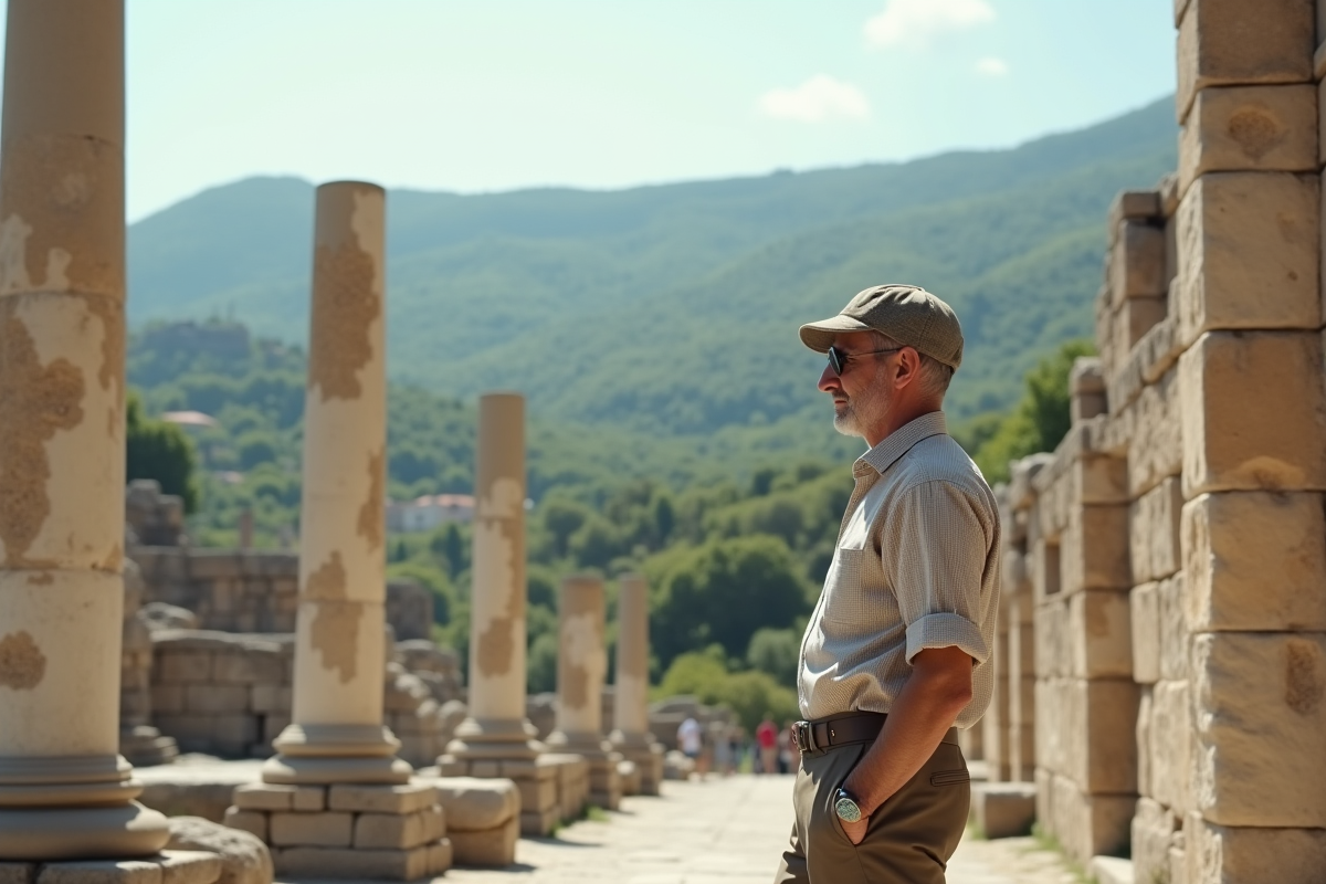 Homme regardant les ruines antiques d