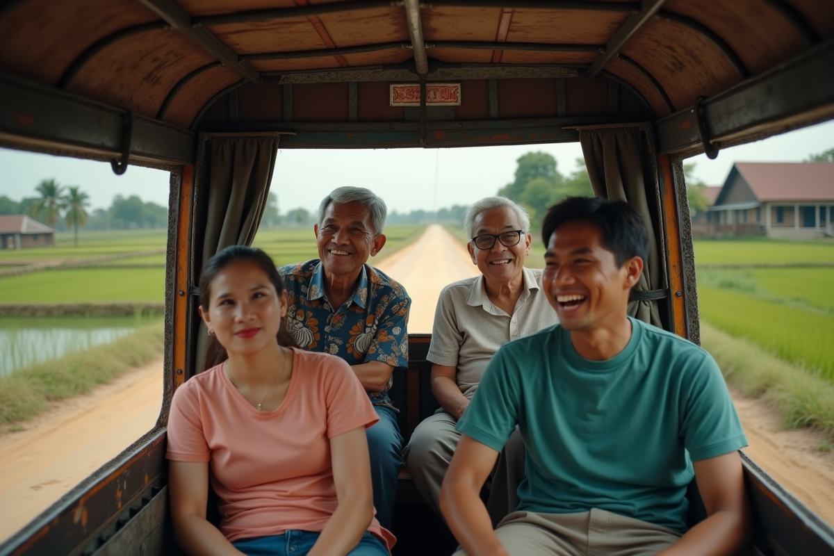 Jeunes et couple dans un tuktuk en campagne paisible