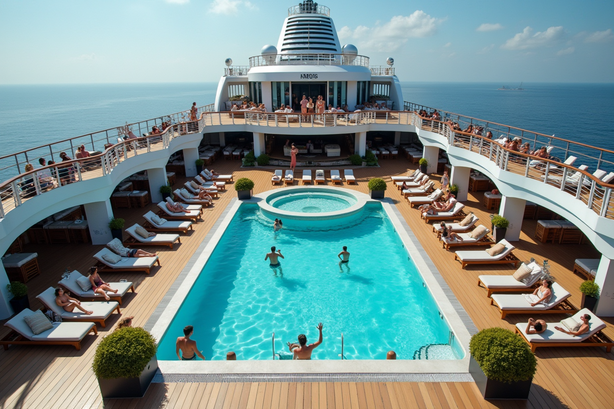 Zone piscine extérieure luxueuse avec des passagers relaxant sur le pont MSC